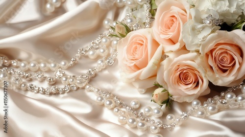 Fototapeta Naklejka Na Ścianę i Meble -  Elegant peach roses and pearl necklace on silk fabric.