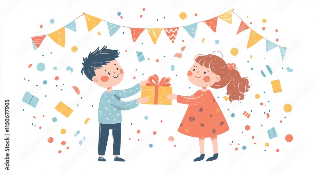 Kids birthday party invitation banners. Girl receive gift from boy. Little child in festive hat hold present with confetti and garlands around. Children event celebration flyer, Cartoon vector posters Kids birthday party invitation banners. Girl receive gift from boy. Little child in festive hat hold present with confetti and garlands around. Children event celebration flyer, Cartoon vector posters