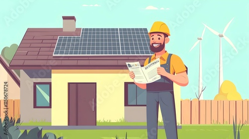 happy man in overalls with a helmet, holding an electricity bill, stands next to his house, which has solar panels on its roof and wind turbines nearby