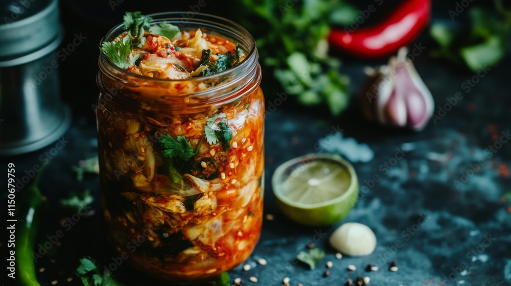 Spicy Fermented Vegetable Jar with Fresh Herbs and Ingredients Spicy Fermented Vegetable Jar with Fresh Herbs and Ingredients