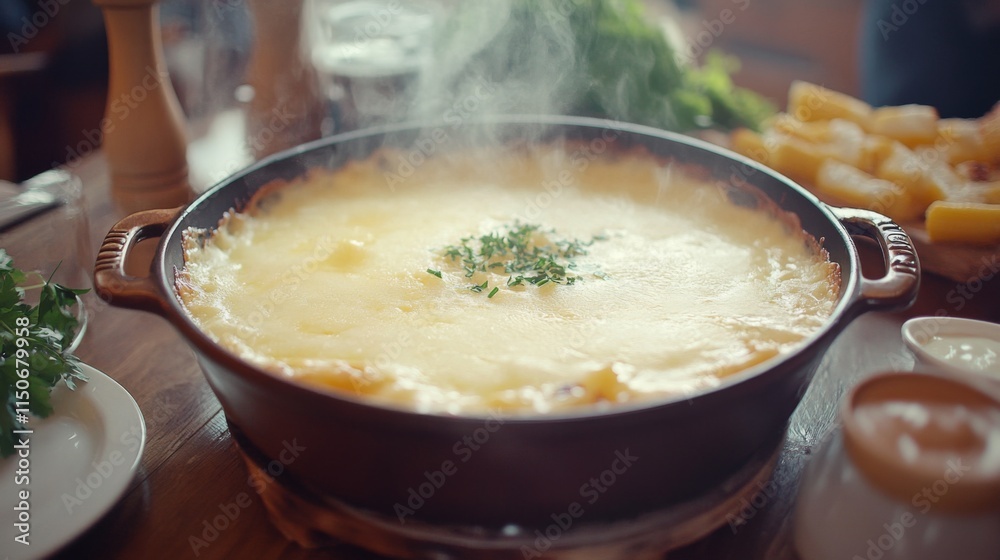 Delicious Hot Dish with Cheese Melting on Top and Fresh Herbs Delicious Hot Dish with Cheese Melting on Top and Fresh Herbs