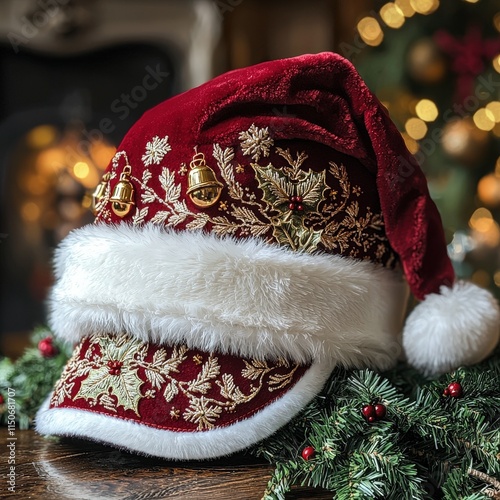 Unique red Santa hat with a visor, featuring gold embroidery of holly leaves and bells, paired with white fur trim, blending classic holiday design with modern functionality. AI generated. photo