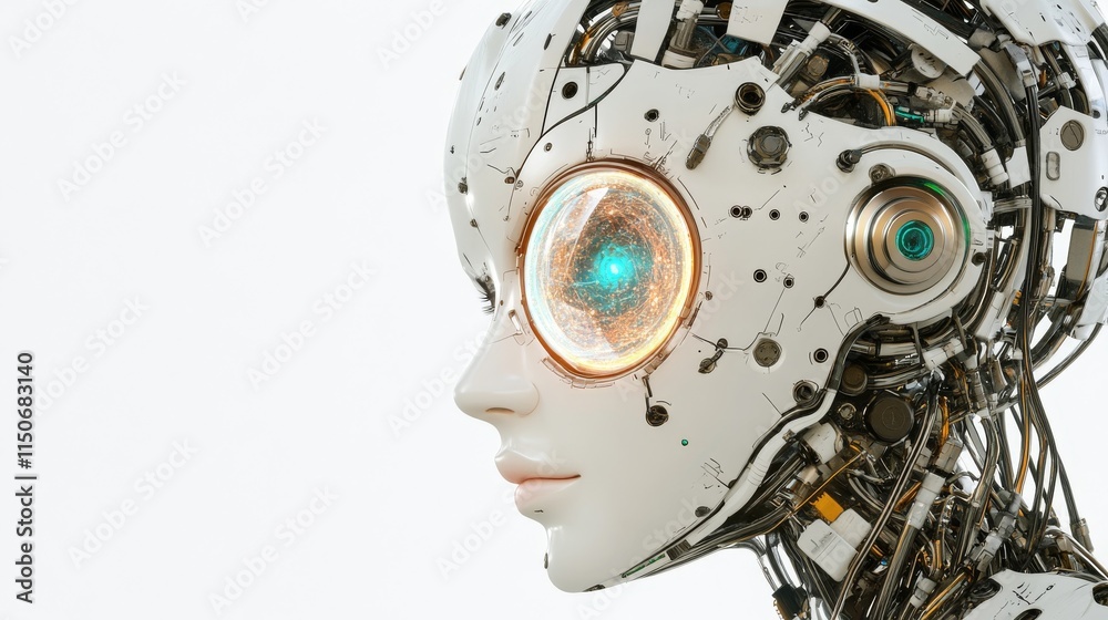 A 3D depiction of an AI robot head showcasing the interior digital brain engine, isolated on a white background with a clipping path. Stock A 3D depiction of an AI robot head showcasing the interior digital brain engine, isolated on a white background with a clipping path. Stock