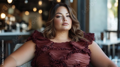 Wallpaper Mural Stylish woman in mocha mousse top enjoys a chic café atmosphere Torontodigital.ca