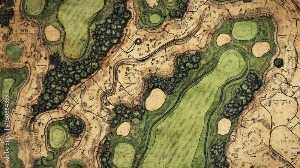 Fototapeta premium Aerial view of a golf course, showing greens, fairways, and bunkers in a vintage style illustration.
