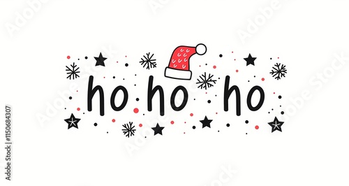 Ho Ho Ho gtext with Santa Claus in red hat. Simple cartoon illustration. Minimalistic funny design. Christmas and New Year greeting card or banner template photo