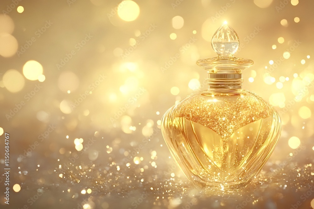 Luxurious golden perfume bottle is sparkling on a glittering gold background with bokeh effect, creating a glamorous and festive atmosphere Luxurious golden perfume bottle is sparkling on a glittering gold background with bokeh effect, creating a glamorous and festive atmosphere