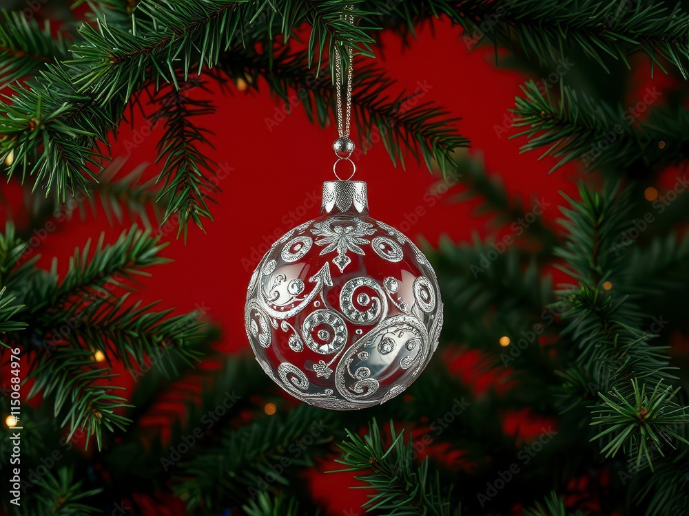 A close-up of an ornament hanging from the branch of a decorated Christmas tree set against a rich, red background, decoration, holiday gift A close-up of an ornament hanging from the branch of a decorated Christmas tree set against a rich, red background, decoration, holiday gift