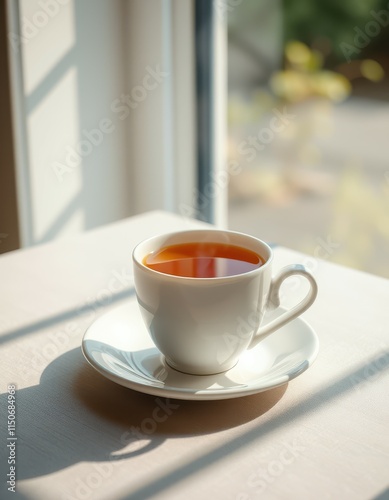 Warm cup of tea placed on a saucer beside a sunlit window in a cozy indoor setting