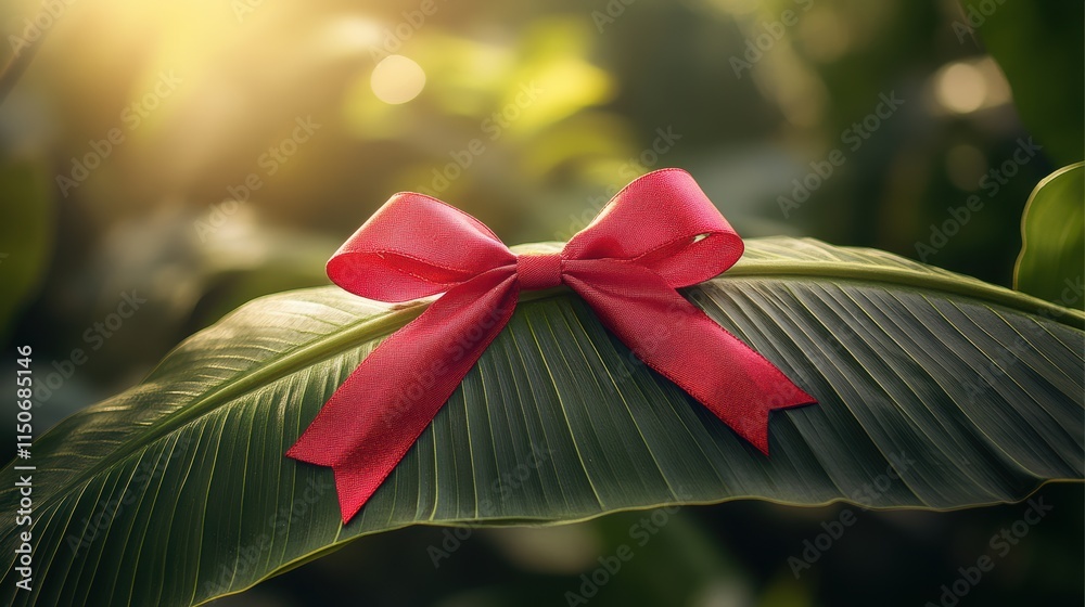 Red holiday bow on tropical banana leaf with sunlight Red holiday bow on tropical banana leaf with sunlight