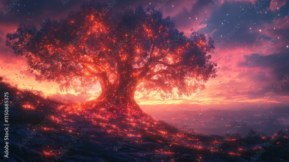 Fototapeta premium A majestic tree illuminated by fiery lights against a vibrant sunset sky.