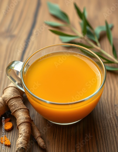 Warm turmeric drink with fresh roots and greenery on a wooden table photo