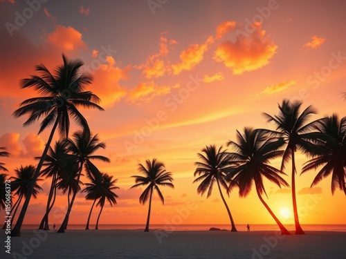 Beach scene at sunset with palm trees silhouetted against a vibrant orange sky, , palm trees, vibrant colors, beach scene