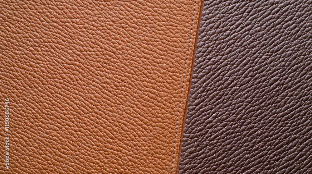 Fototapeta premium Dual-Tone Mocha Leather Background with Seam: Leather Texture with Mocha and Espresso Shades, Mocha Mousse Pantone Color of the Year 2025 Design Background