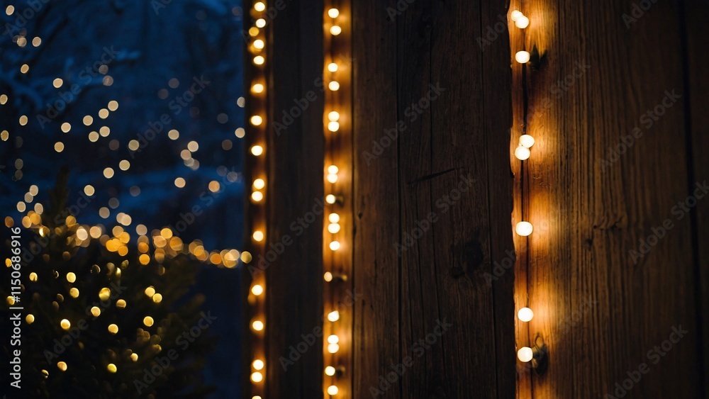 Obraz premium Cozy Winter Night Lights: Warm string lights illuminate a rustic wooden wall, creating a magical ambiance. Perfect for holiday cards, winter blogs, or cozy home decor. 