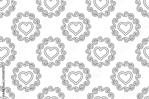 Black and white seamless pattern featuring hearts in decorative frames with swirls. Ideal for coloring pages and crafts.