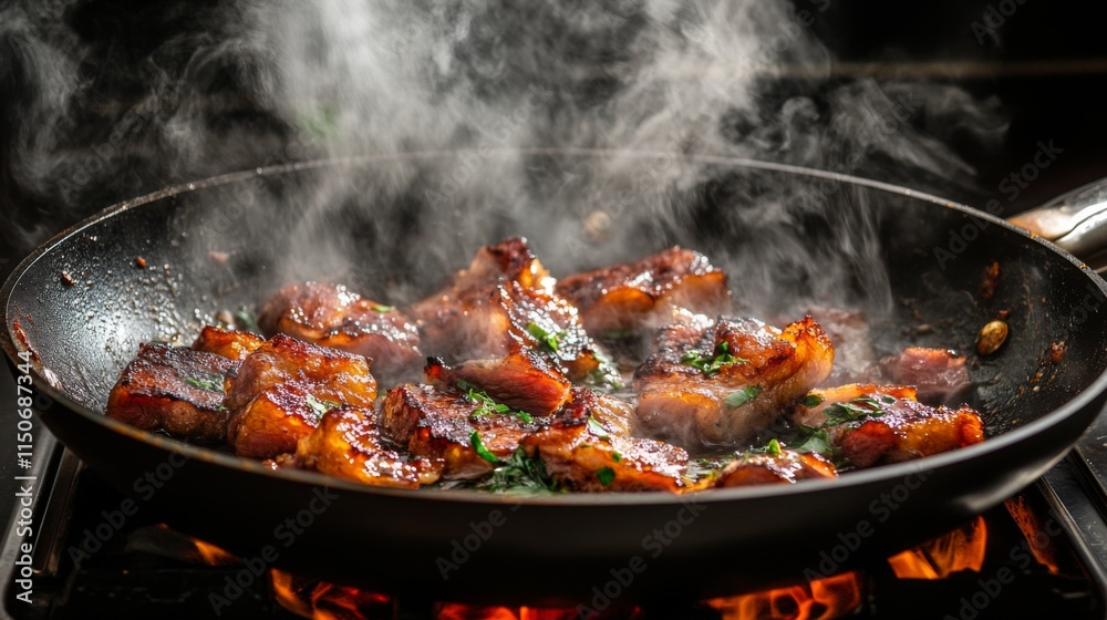 Sizzling Tender Meat Cooking in a Pan with Aromatic Herbs and Steam Sizzling Tender Meat Cooking in a Pan with Aromatic Herbs and Steam