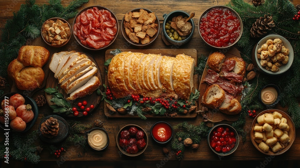 Overhead shot of a lavish Christmas dinner spread with roasted turkey, various side dishes, and festive decorations. Overhead shot of a lavish Christmas dinner spread with roasted turkey, various side dishes, and festive decorations.
