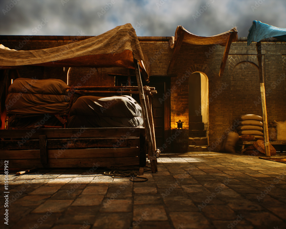 Outdoor marketplace with a variety of products on a traditional historic bazaar. 3D render.