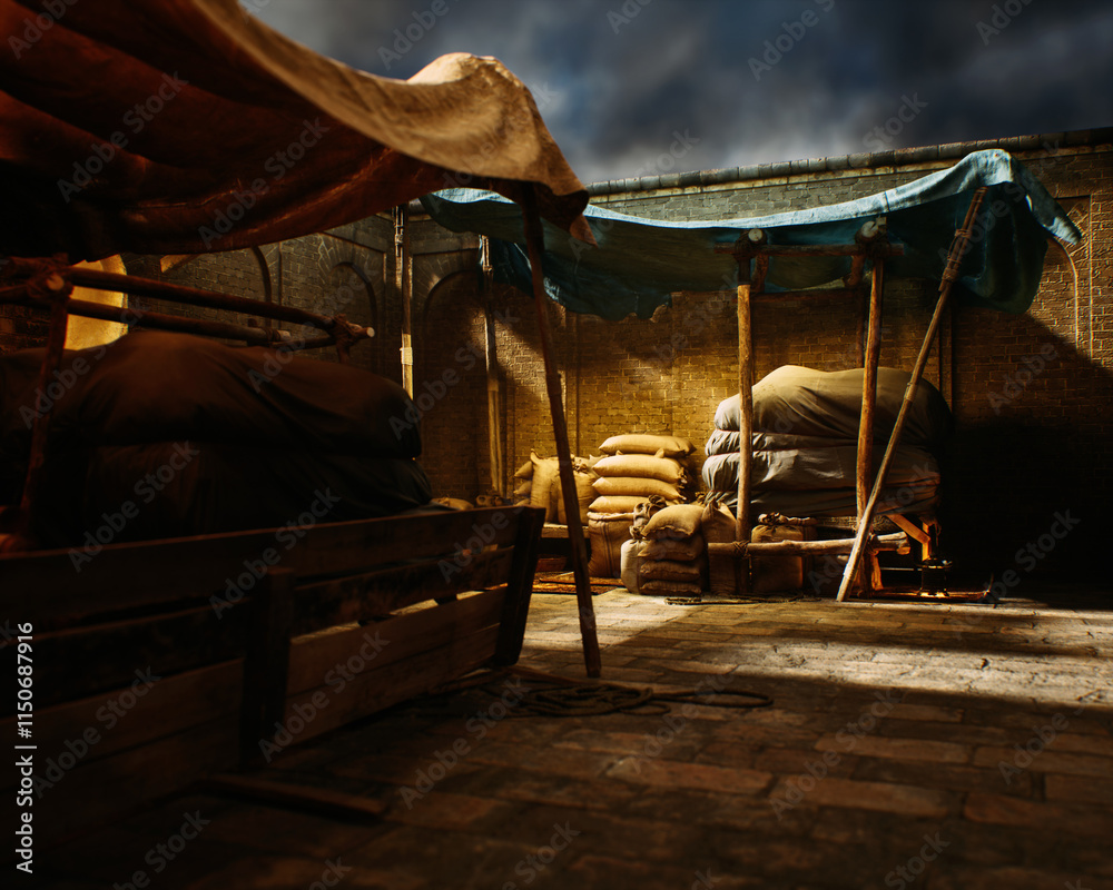 Outdoor marketplace with a variety of products on a traditional historic bazaar. 3D render.