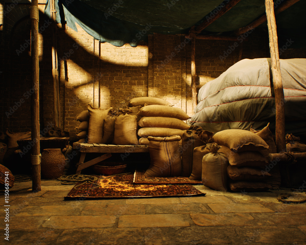 Outdoor marketplace with a variety of products on a traditional historic bazaar. 3D render.