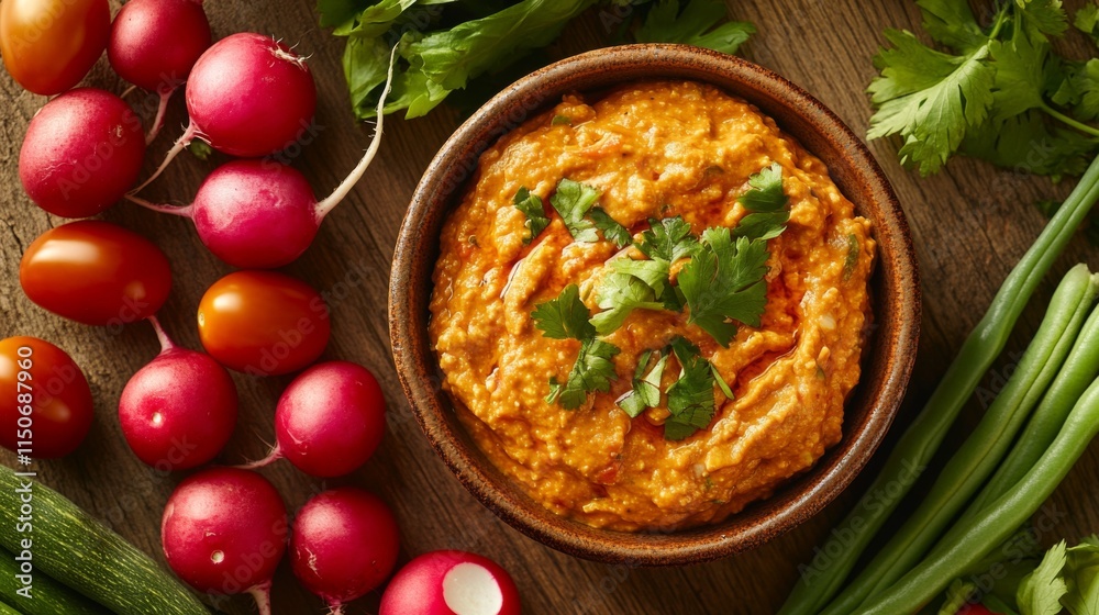 Fresh Ingredients Arranged with Colorful Vegetable Dip and Garnishment Fresh Ingredients Arranged with Colorful Vegetable Dip and Garnishment