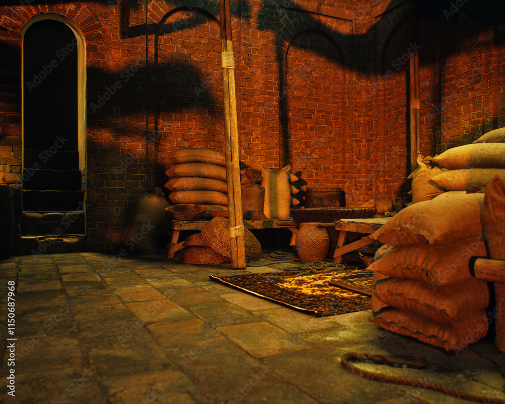 Outdoor marketplace with a variety of products on a traditional historic bazaar. 3D render.