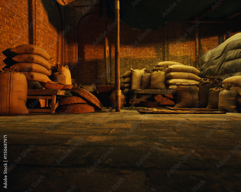 Outdoor marketplace with a variety of products on a traditional historic bazaar. 3D render.