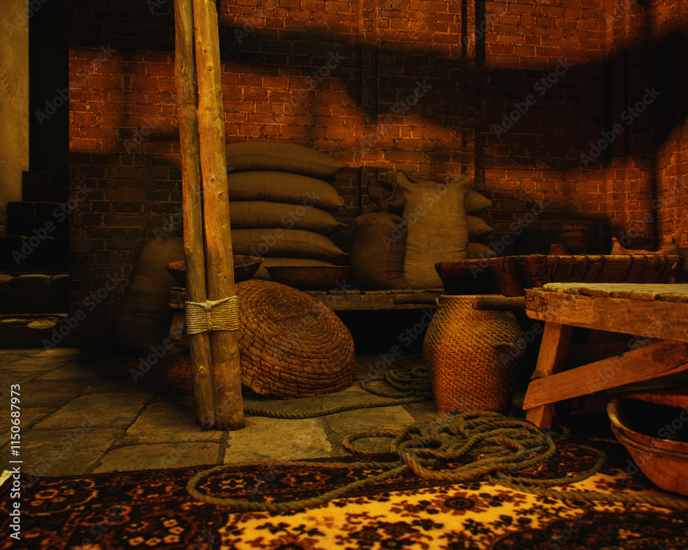 Outdoor marketplace with a variety of products on a traditional historic bazaar. 3D render.