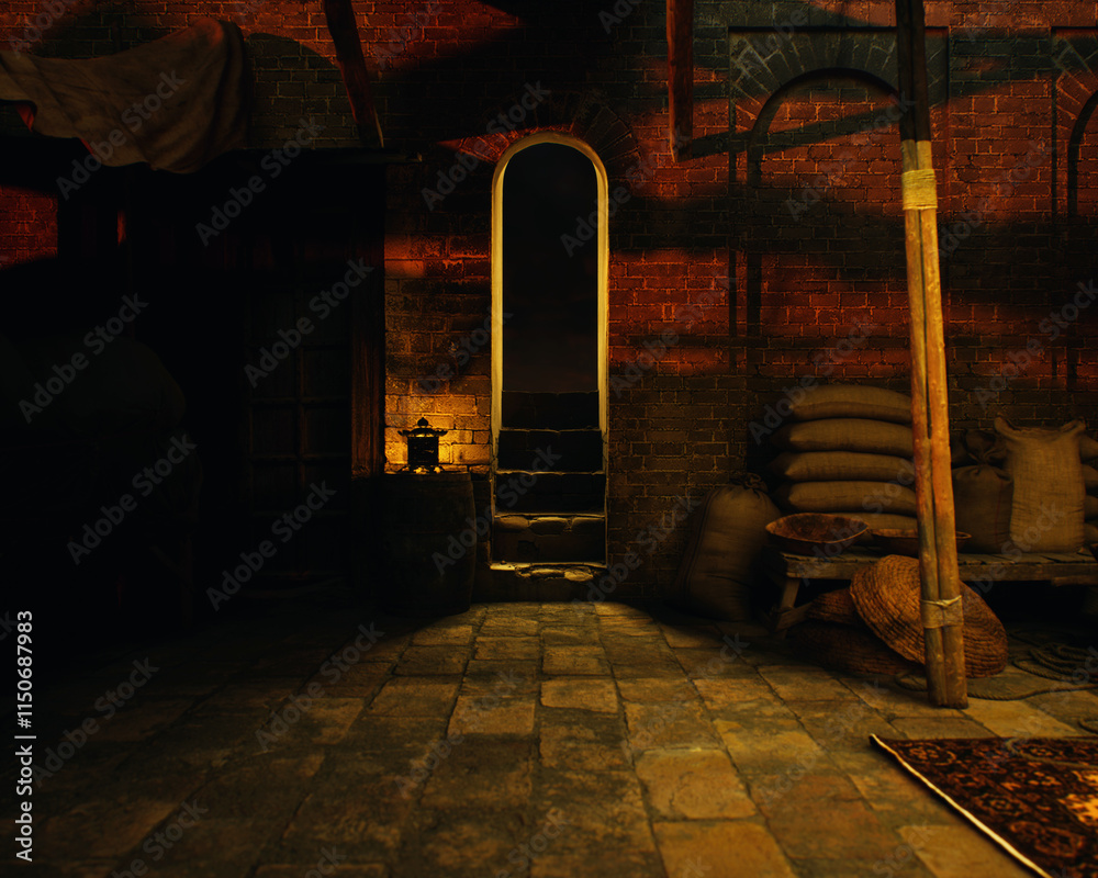 Outdoor marketplace with a variety of products on a traditional historic bazaar. 3D render.