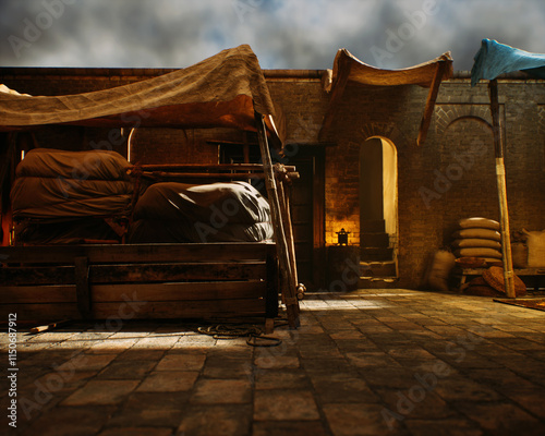Obraz na płótnie Outdoor marketplace with a variety of products on a traditional historic bazaar. 3D render. w salonie