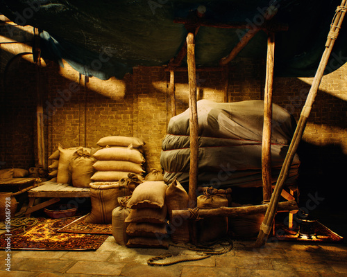 Obraz na płótnie Outdoor marketplace with a variety of products on a traditional historic bazaar. 3D render. w salonie