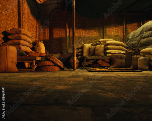 Outdoor marketplace with a variety of products on a traditional historic bazaar. 3D render.