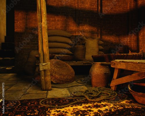 Obraz na płótnie Outdoor marketplace with a variety of products on a traditional historic bazaar. 3D render. w salonie