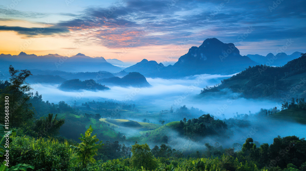 Fototapeta premium A serene mountain landscape at dawn, with mist rising and soft pastel colors