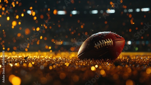Wet football on glittering field at night.