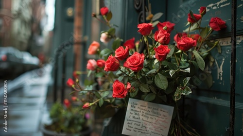  A close-up of a rose bouquet delivery at a doorstep, with a handwritten card attached.