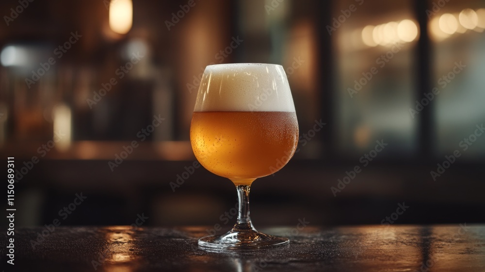 Craft Beer in Elegant Glass on Wooden Table with Bar Background