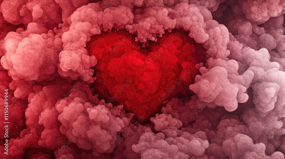 Fototapeta premium Red heart shape surrounded by soft pink and red clouds, symbolizing love and affection. vibrant colors create warm and inviting atmosphere, perfect for romantic themes
