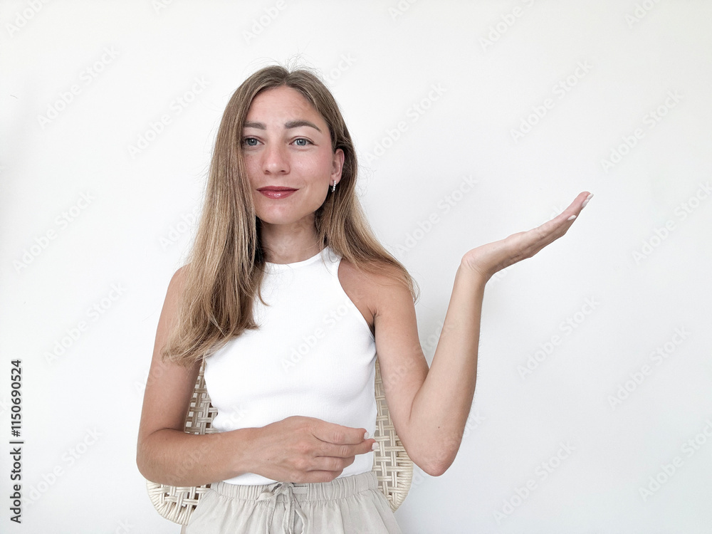 Young woman poses with outstretched hand in minimalistic indoor setting Young woman poses with outstretched hand in minimalistic indoor setting