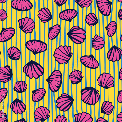 Pink Mussels seamless repeat pattern on striped yellow background. Horizontal lined, hand drawn sea shell aop all over surface print.