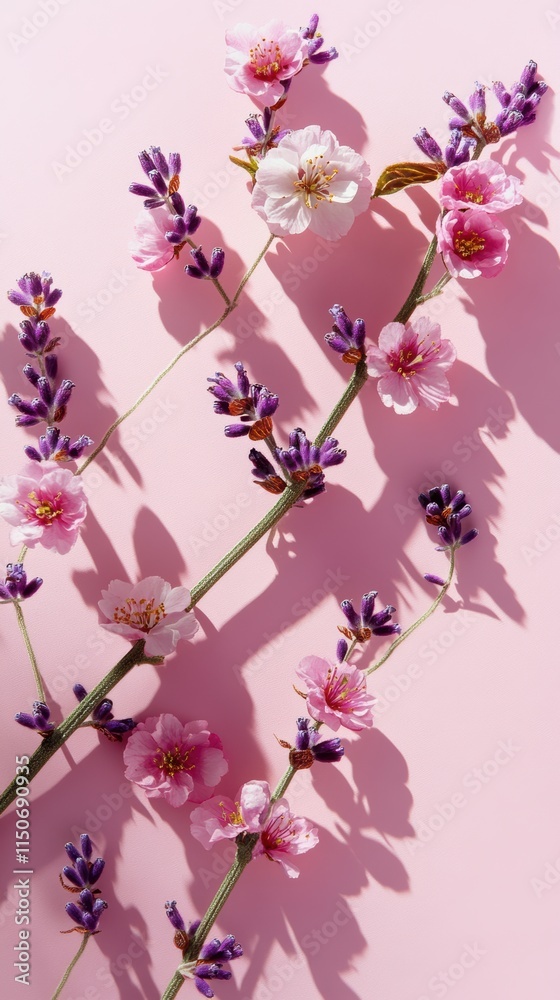 Naklejka premium Light pink banner with cherry blossoms and lavender flat lay design