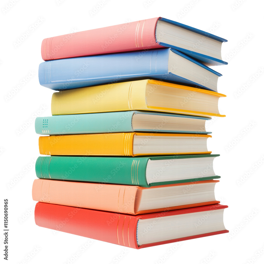 A stack of colorful hardcover books with simple designs and clean spines, isolated on transparent background A stack of colorful hardcover books with simple designs and clean spines, isolated on transparent background