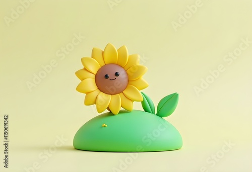3d cartoon composition with sunflower on green hill in vector realistic funny style. Cute art element. Plasticine or glossy clay design object. Sweet colorful illustration on minimal background.