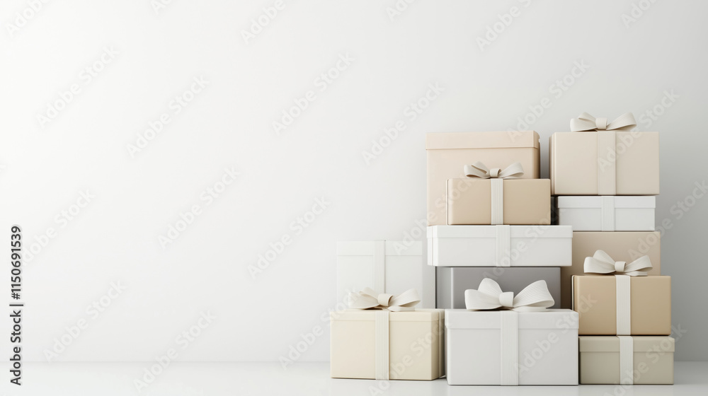 Festive boxes with ribbons in pastel shades, copy space 