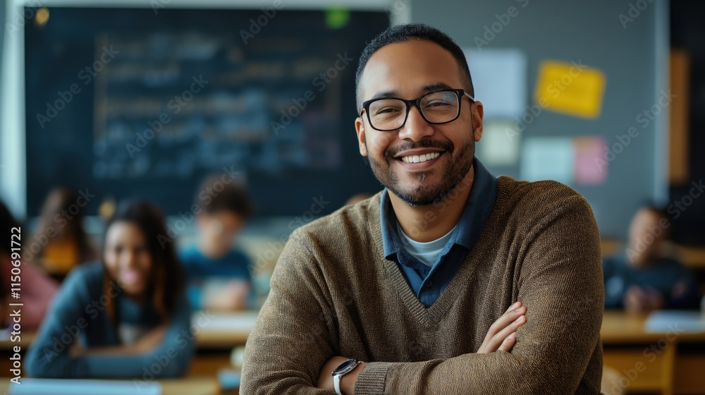 Fototapeta premium Candid school class portrait of a black male teacher in a classroom with copyspace