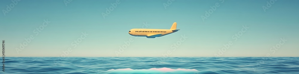 Obraz premium A minimalist emoji airplane floating above a tranquil ocean with soft pastel waves below