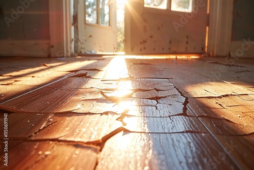 Wallpaper Mural close-up shot of a poorly installed laminate floor with visible scratches and cracks, highlighting the shoddy workmanship of the contractor. Torontodigital.ca