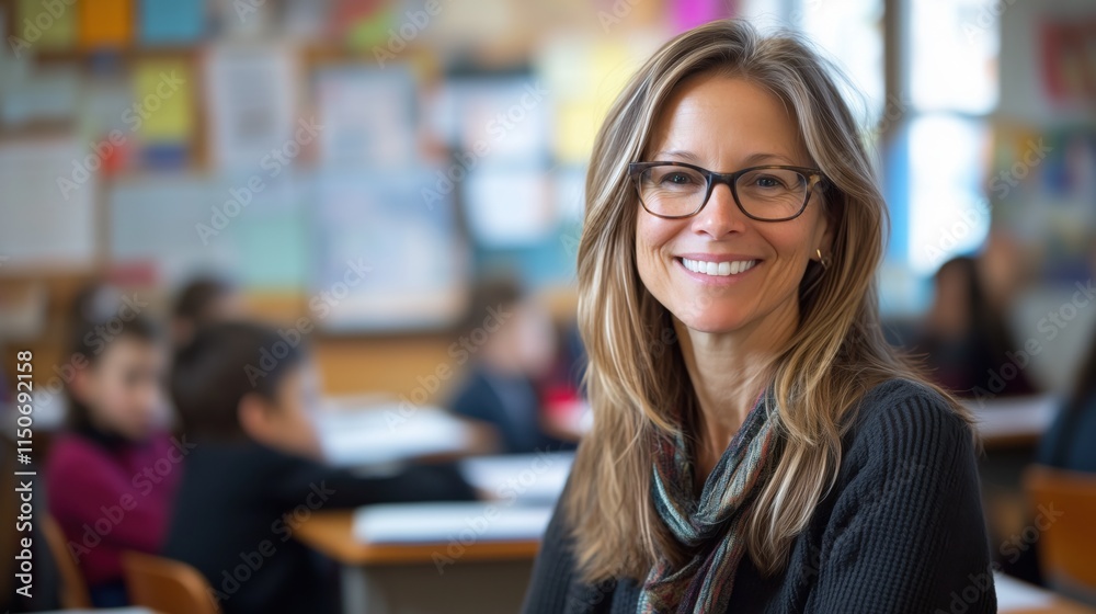 Candid school class portrait of a female teacher in a classroom with copyspace Candid school class portrait of a female teacher in a classroom with copyspace