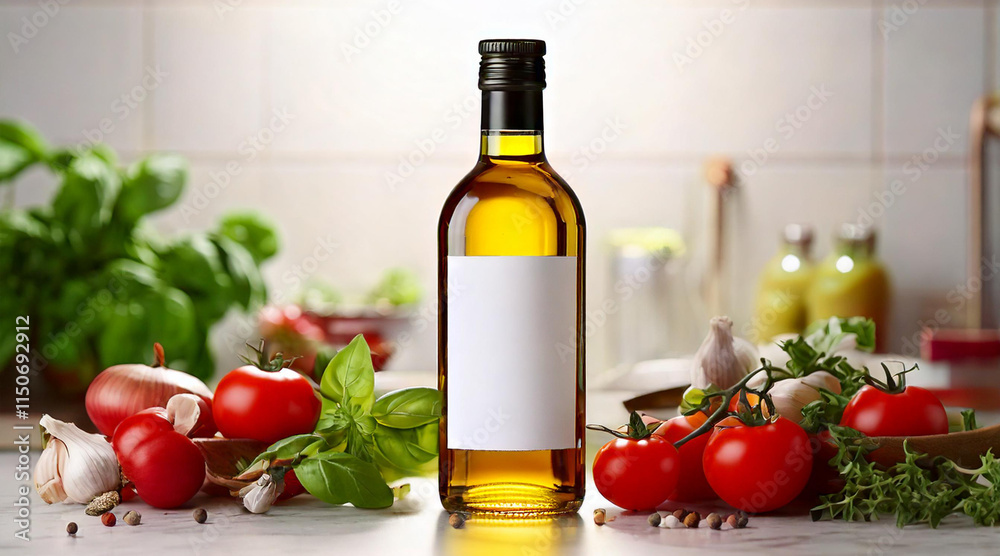 An olive oil bottle label mockup on a kitchen countertop, surrounded by fresh ingredients like garlic, basil, and tomatoes